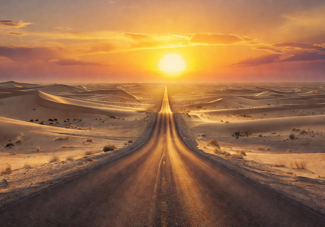 Desert highway stretching into golden sunset horizon