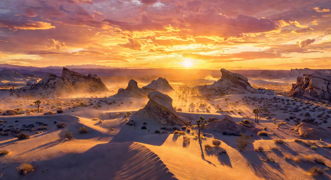Dramatic sunset over western desert landscape with golden light