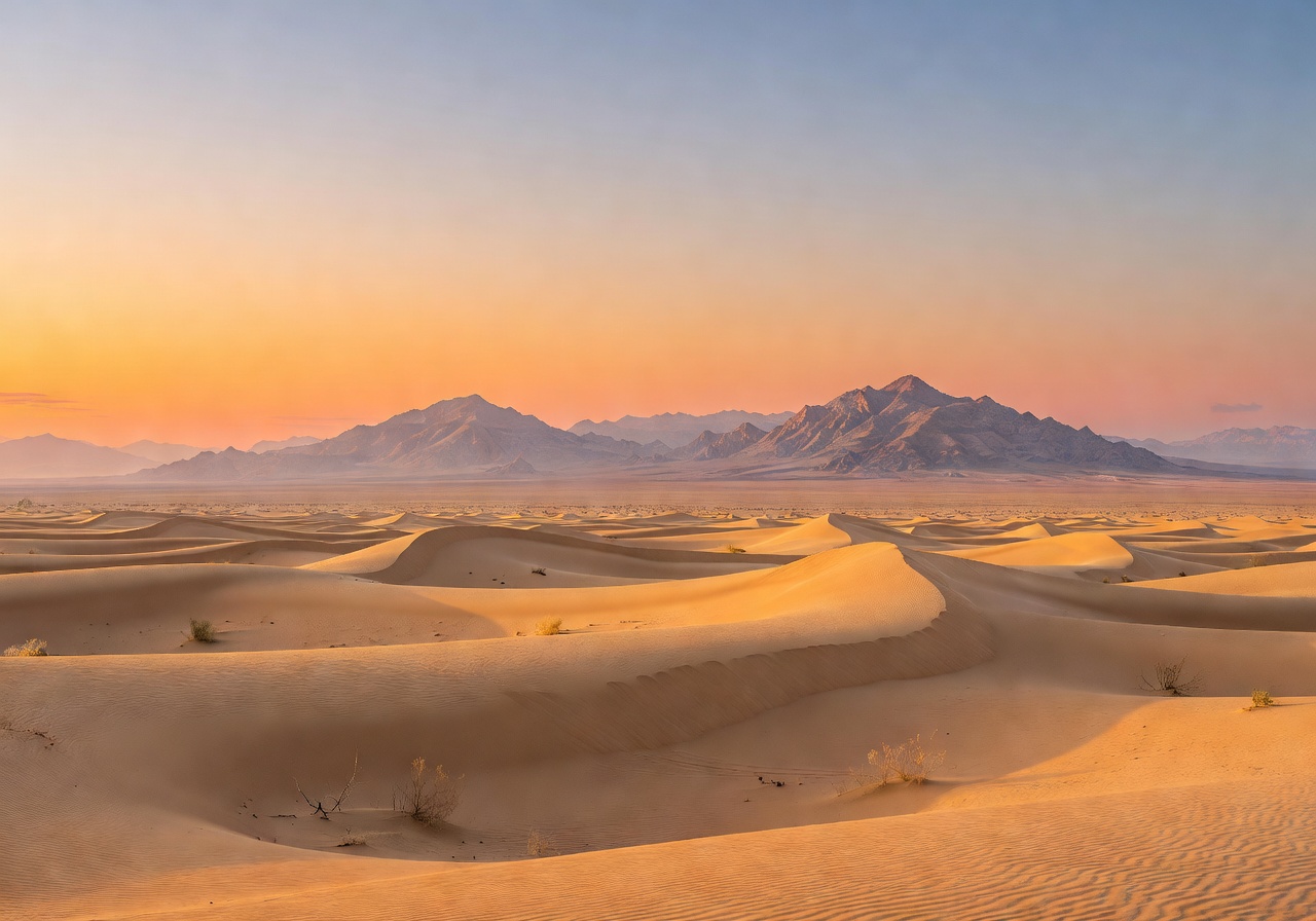 Golden desert landscape at dawn with distant mountains