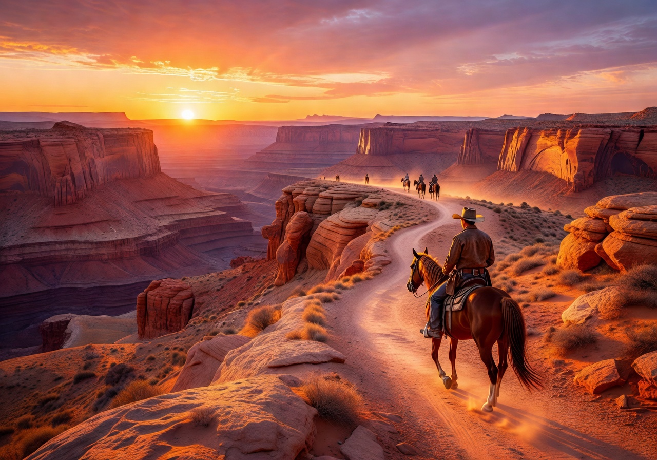 Golden sunset over desert canyon evoking Wild West cowboy adventure