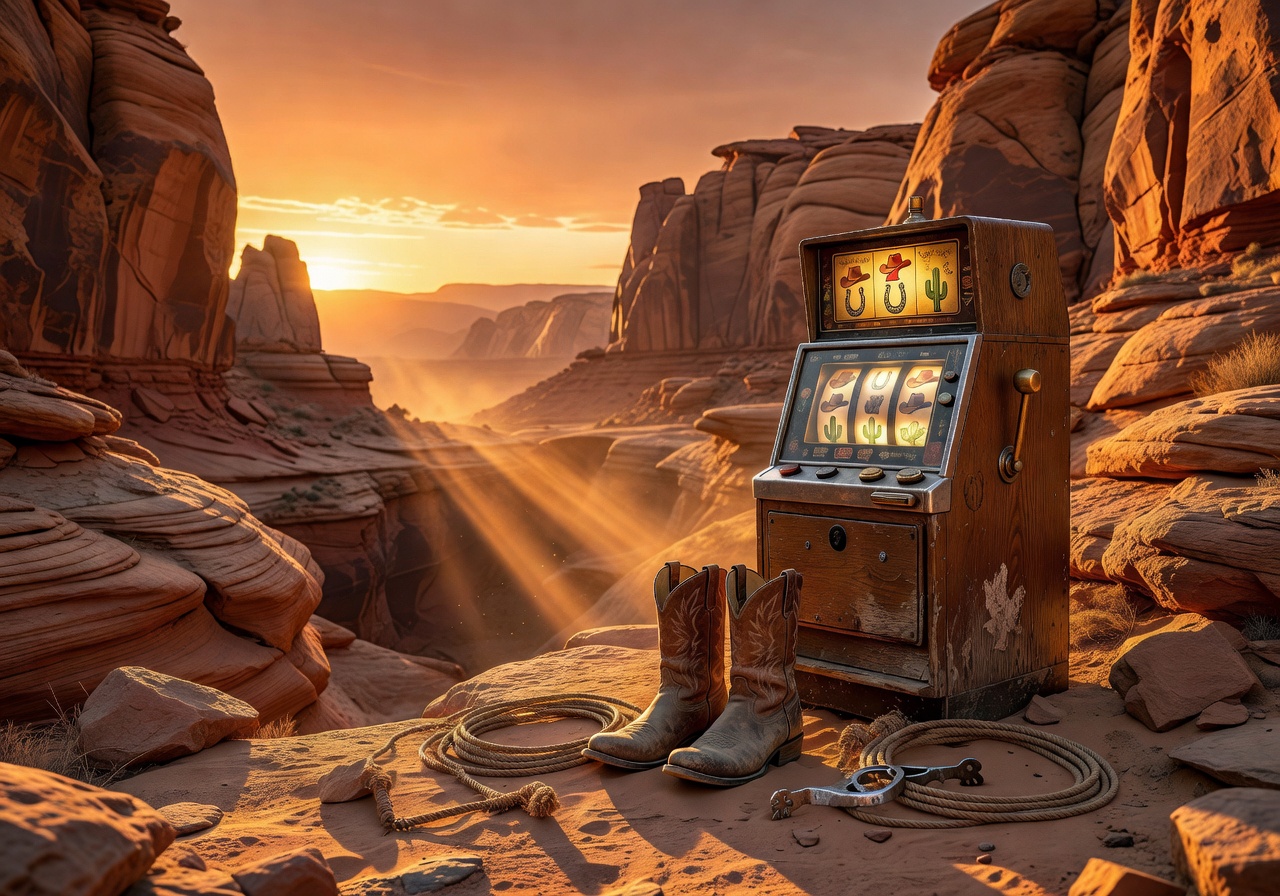 Golden sunset over desert canyon representing Cowboy Slot game