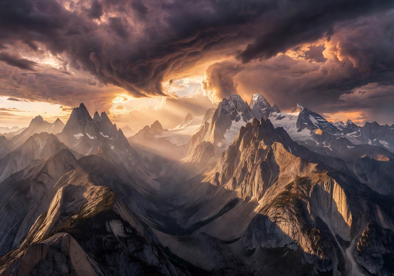 Majestic mountain range under dramatic sky at sunset