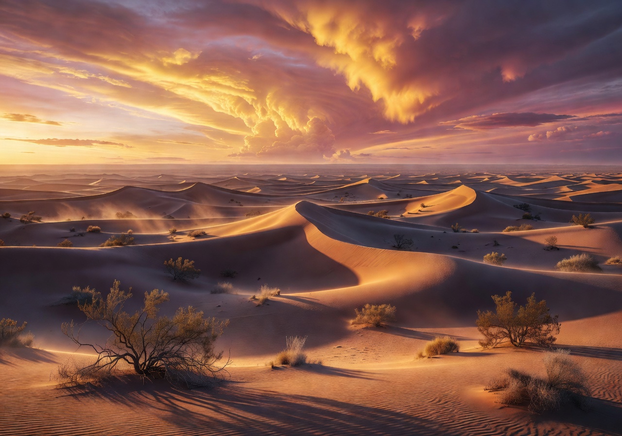 Panoramic desert landscape at golden hour with dramatic sky