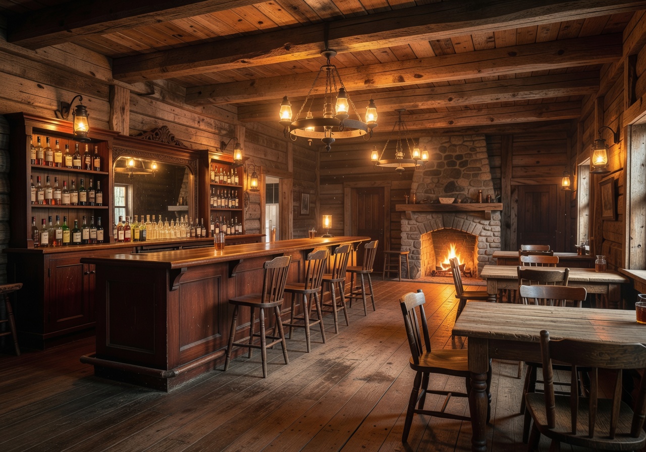 Rustic wooden saloon interior with warm amber lighting